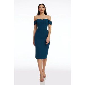 DRESS THE POPULATION Bailey Off the Shoulder Body-Con Dress in Peacock Blue